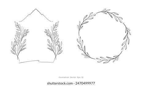 Collection set Minimal drawn floral leaves botanical line art Hand drawn leaves line Floral branch , Minimal line art drawing for print on white background, Vector illustration EPS 10