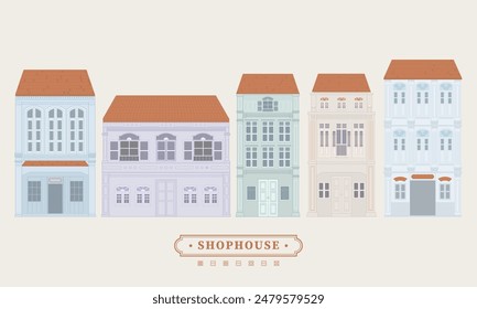 Collection set of minimal vector illustration drawing of an old school heritage shophouse facade in pastel colour. For concept proposal, design, postcard, banner, social media