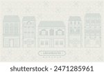 Collection set of mnimal line vector illustration drawing of an old school heritage shophouse facade in pastel colour. For concept proposal, design, postcard, banner, social media