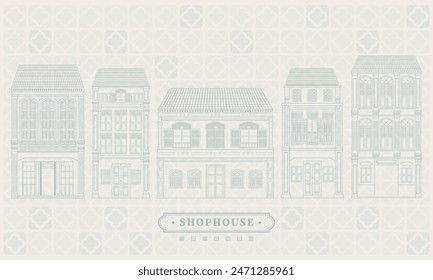 Collection set of mnimal line vector illustration drawing of an old school heritage shophouse facade in pastel colour. For concept proposal, design, postcard, banner, social media