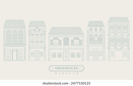 Collection set of mnimal line vector illustration drawing of an old school heritage shophouse facade in pastel colour. For concept proposal, design, postcard, banner, social media