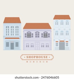 Collection set of mnimal vector illustration drawing of an old school heritage shophouse facade in pastel colour. For concept proposal, design, postcard, banner, social media