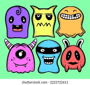 Kollektion Set Monster süße Illustration handgezeichnet Skizze bunt für Tattoo, Aufkleber etc.