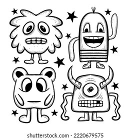 Collection set monster cute kawaii Doodle Illustration hand drawn sketch for tattoo, stickers, etc