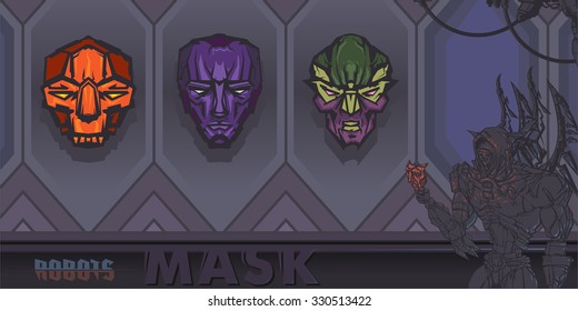 Collection set of multicolored masks, robots.The robot removes the mask
