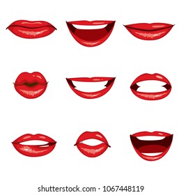 Collection set of nine different red lips gesturing