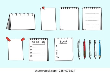 collection set of notepad hand drawn style, paper note to do list doodle style. vector illustration. 