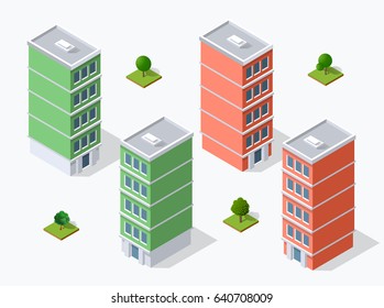 Collection set objects Isometric 3D city infrastructure, urban buildings and construction