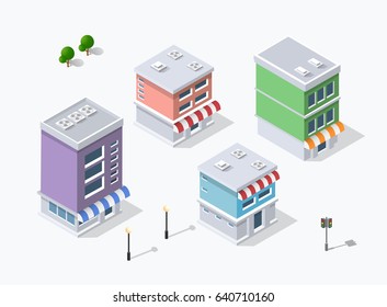 Collection set objects Isometric 3D city infrastructure, urban buildings and construction