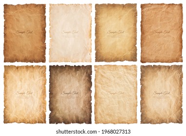 collection set old parchment paper sheet vintage aged or texture isolated on white background.