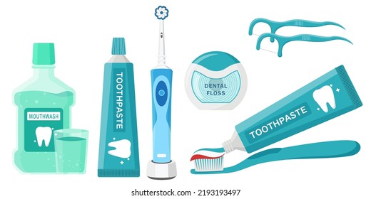 Collection set of oral hygiene cleaning tools toothpaste toothbrush dental floss and mouthwash liquid