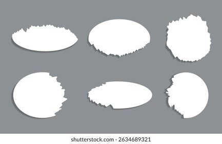 Collection of set of oval white paper sheets with torn paper effect and realistic shadow effect, isolated vector illustration
