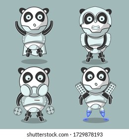 Collection set and pack of Cute cartoon robot war machine panda in any pose flat style vector illustration