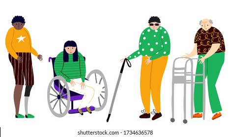 Colección de personas con discapacidad física aisladas en blanco. Ceguera, anciana mayor con caminante, mujer en silla de ruedas, pierna protésica. Dibujo de estilo plano divertido. Ilustración vectorial de material.