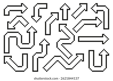 Collection set of pixel arrow outline in different directions. Vector illustration on isolated background.
