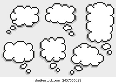 Conjunto de colección pixel art nube de burbuja de discurso. Cuadro de texto de cómic de dibujos animados, sobre fondo aislado, Ilustración vectorial.