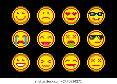 Collection set pixel art cute emoji face. Emoticons with various emotions faces in pixel 8 bit style, icons set vector illustration on isolated background.