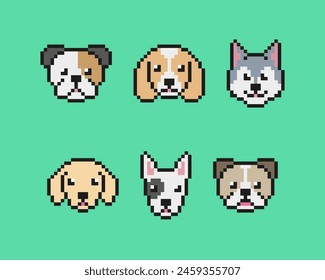 Collection set, pixel art dog heads, dog faces, vector illustration on isolated background. 