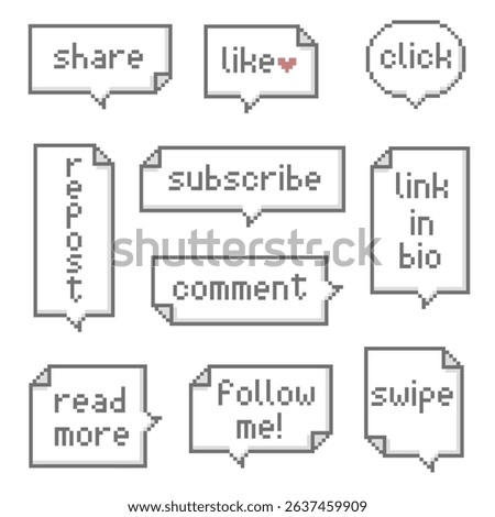 collection set of pixel art game 8bit social media call to action buttons speech bubble balloon, flat design vector illustration