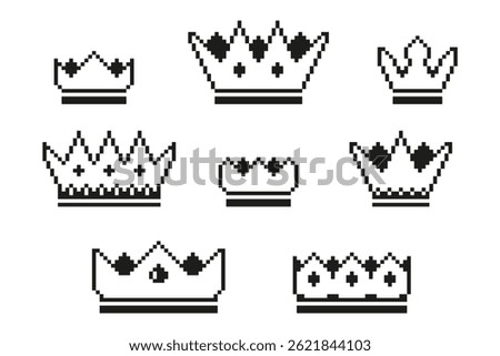 Collection set of pixel art king crown. Vector illustration on isolated background.