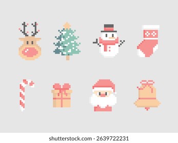 collection set of pixel art merry christmas and happy new year, flat vector illustration cartoon character costume design