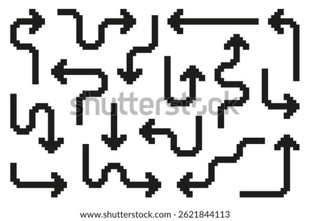 Collection set of pixel line arrow in different directions. Vector illustration on isolated background.