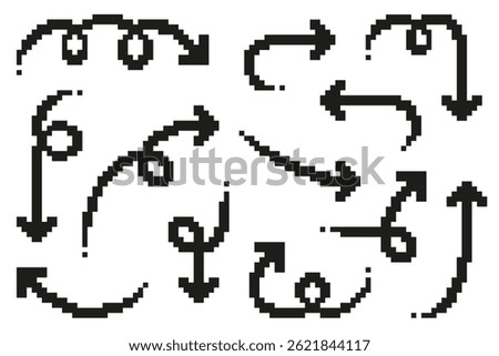 Collection set of pixel thin curved arrows in different directions. Vector illustration on isolated background.