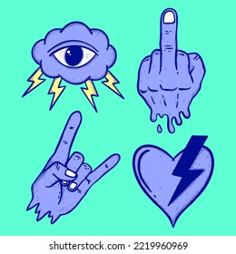 Collection set purple vintage Doodle Illustration hand drawn cartoon for tattoo, stickers, etc