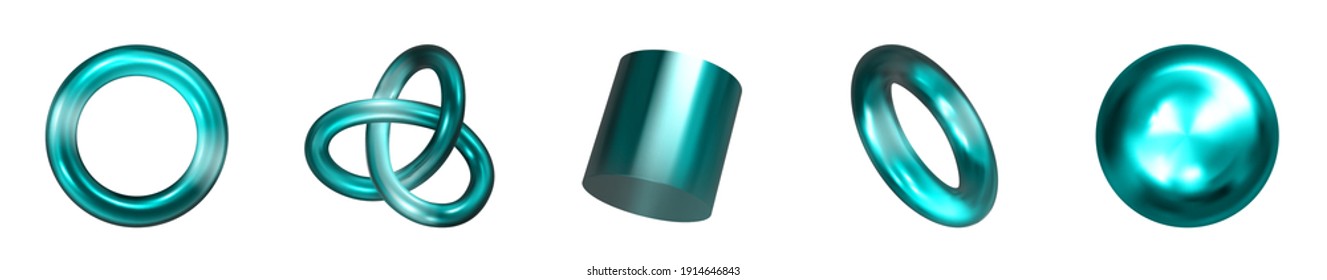 Collection set of realistic 3d render metallic color gradient geometric shapes objects elements for design isolated on transparent background. Vector illustration