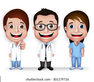 Collection Set of Realistic 3D Young Friendly Professional Doctor and Nurse for Medical Character Isolated in White Background. Vector Illustration