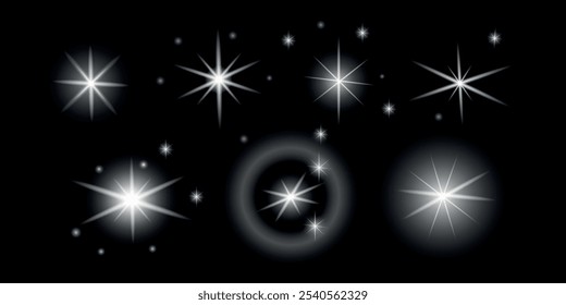 Colección y conjunto de Elementos realistas. Estrellas, sistema solar. Parpadeo y luces. Brilla, brilla, brilla, vibrante y brillante. Efecto de luz. Estrellas 3d. Fondo transparente. Flash. Estallido estelar 