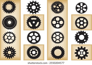 Collection and set of realistic gear and bicycle stars. Industrial profiled wheel with teeth that engages with a chain. Editable vector, easy to change color or manipulate. eps 10.