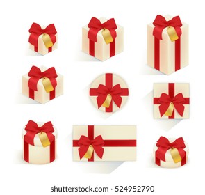 Collection set of realistic gift box with red ribbon and gold label, 3d present box with red bow for Birthday Celebration, Christmas, Valentines, Party, Anniversary, wedding - Vector file EPS10