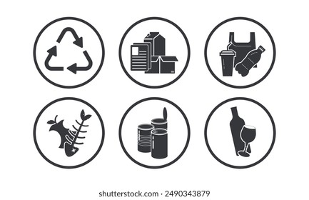 Collection set of Recycle, paper, plastic, organic, inorganic, metal, aluminum, glass trash separation icon