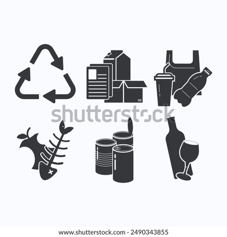 Collection set of Recycle, paper, plastic, organic, inorganic, metal, aluminum, glass trash separation icon