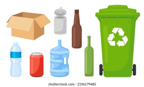 Collection set of recycled garbage object trash bin plastic bottle paper box tin can glass bottle