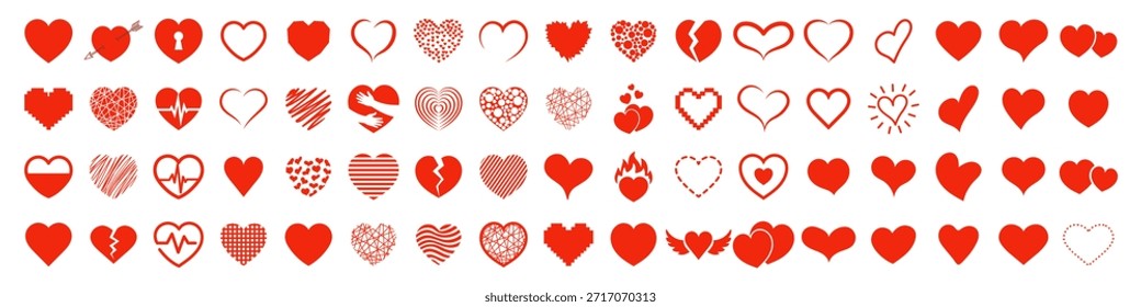 Conjunto de colección de corazón rojo diferente. Conjunto de corazones rojos en diferentes poses. Dibujado a mano a mano diferentes corazones de amor. Croquis de corazón para el día de San Valentín y romántico.