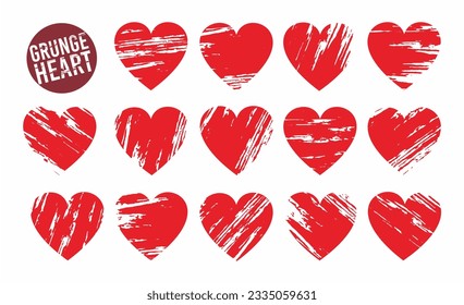 Collection set of red grunge heart. Artistic love icon.