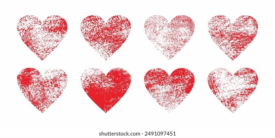 Collection set of red grunge heart. Artistic love icon. Hand drawing sketch heart.