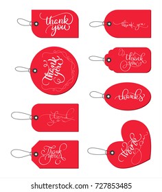Collection set of red paper gift tags with text Thank you. Calligraphy lettering hand made text. Vector illustration EPS10.