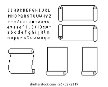 Conjunto de colección de retro 8bit pixel art scroll rolled pergamino, Ilustración vectorial de diseño plano