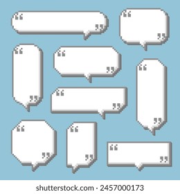 collection set of retro game 3d 8bit pixel speech bubble balloon black and white color with quotation mark, flat design vector illustration