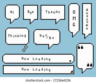 collection set of retro game 8 bit pixel speech bubble balloon, text box banner, black and white color, flat design vector illustration