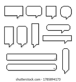 collection set of retro game 8 bit pixel speech bubble balloons with shadows, text box banner, black and white color, flat design vector illustration