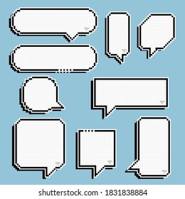 collection set of retro game 8 bit line pixel speech bubble balloon black and white color with shadow, flat design vector illustration