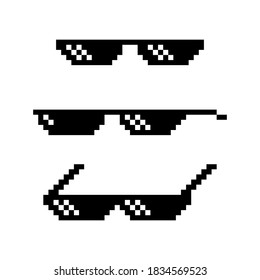 collection set of retro game 8 bit pixel thug life sun glasses, black and white color, flat design vector illustration