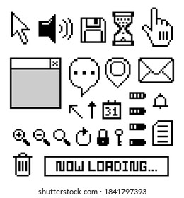 collection set of retro game 8 bit pixel icon symbol, black and white color, flat design vector illustration