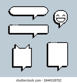 collection set of retro game 8 bit line pixel speech bubble balloon black and white color with shadow, flat design vector illustration