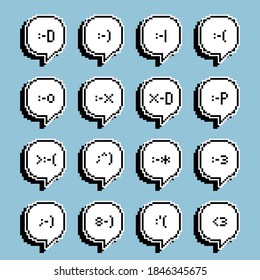 collection set of retro game 8 bit pixel emoji, emoticon with speech bubble balloon, text box, black and white color with shadow, expression icon concept, flat design vector illustration