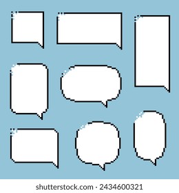 collection set of retro game 8 bit line pixel speech bubble balloon black and white color, flat design vector illustration